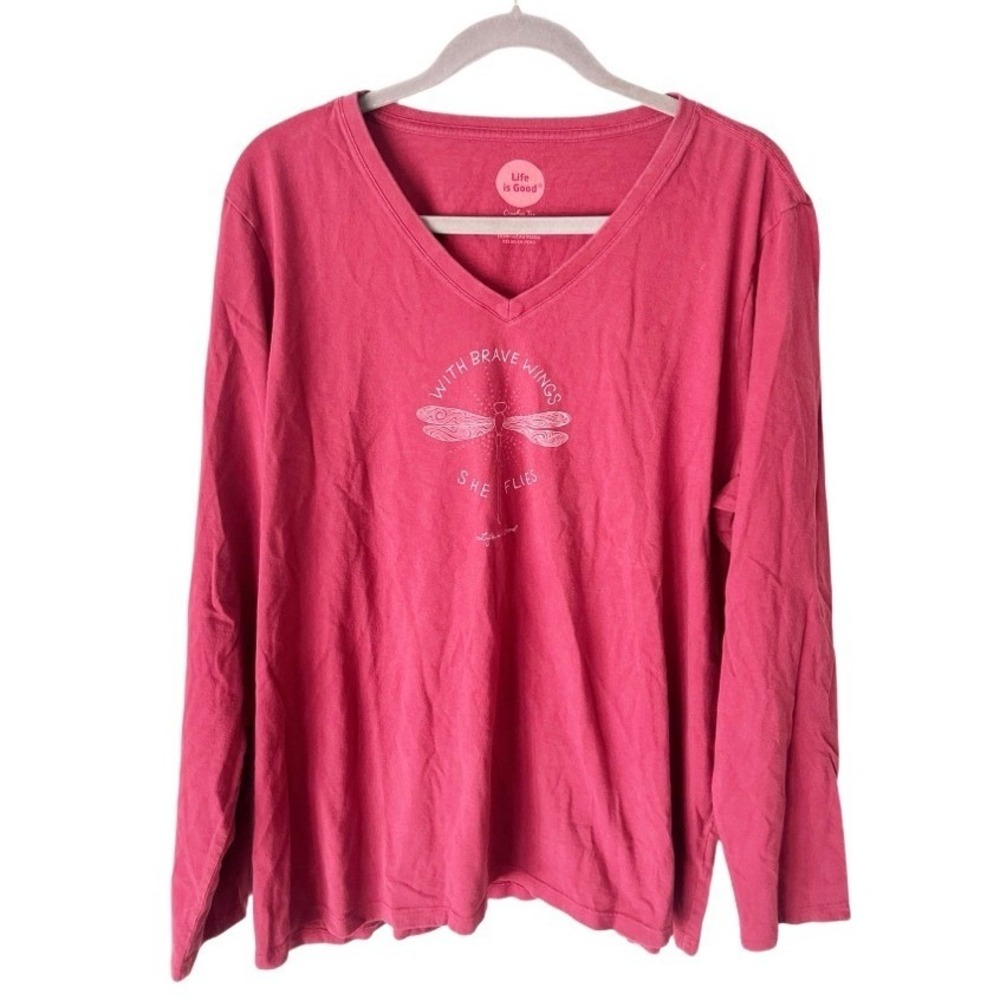 Life Is Good Raspberry Red Pink Dragonfly Crusher Tee V Neck Long Sleeve XXL